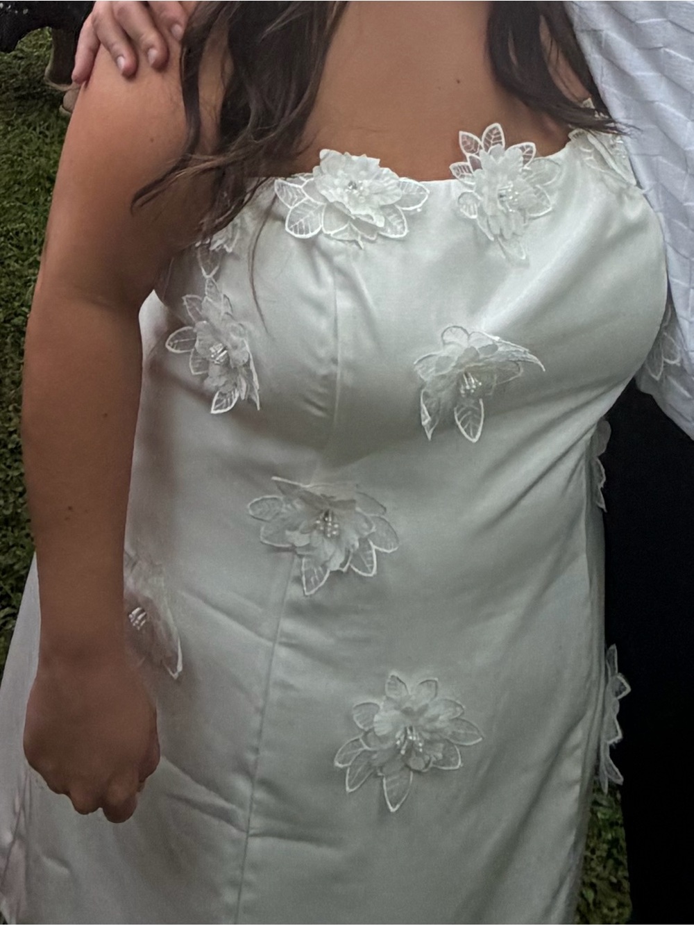 Fashion Nova Ivory Strapless Floral Appliqué Satin Dress